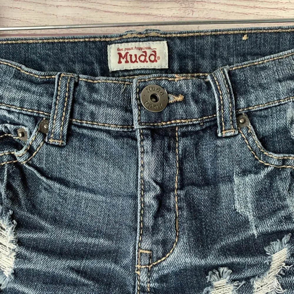 Mudd Juniors Distressed Jean Cutoff Shorts Crochet Lace Side Panels Y2K Size 7